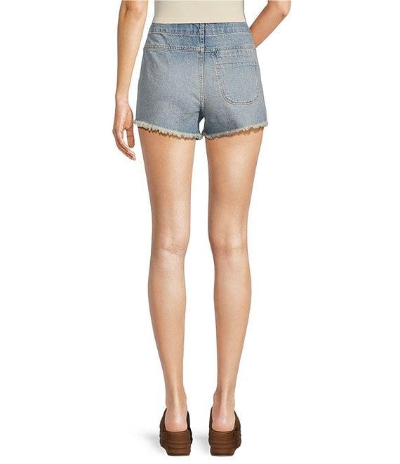 Free People Emmy Denim High Waisted Asymmetric Raw Hem Tie Side Mini Skort Product Image