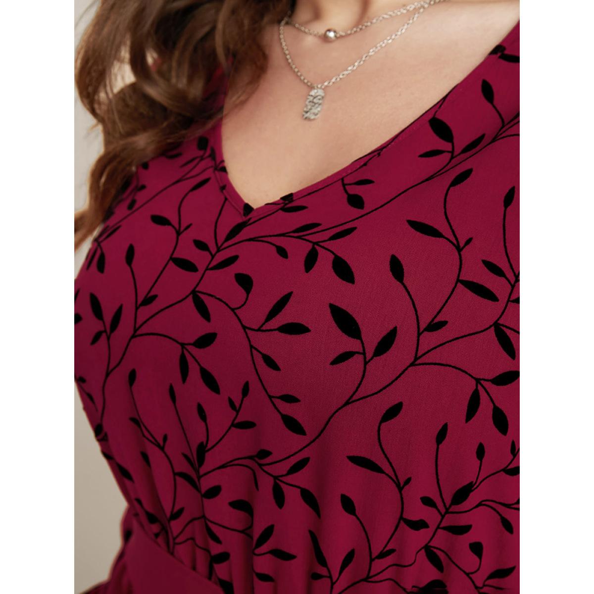 Plus Size Plant Print Lantern Sleeve Pocket Belted Ruffles Hem Dress Burgundy Women Elegant Patchwork V-neck Long Sleeve Curvy Midi Dress BloomChic 28/5X Product Image