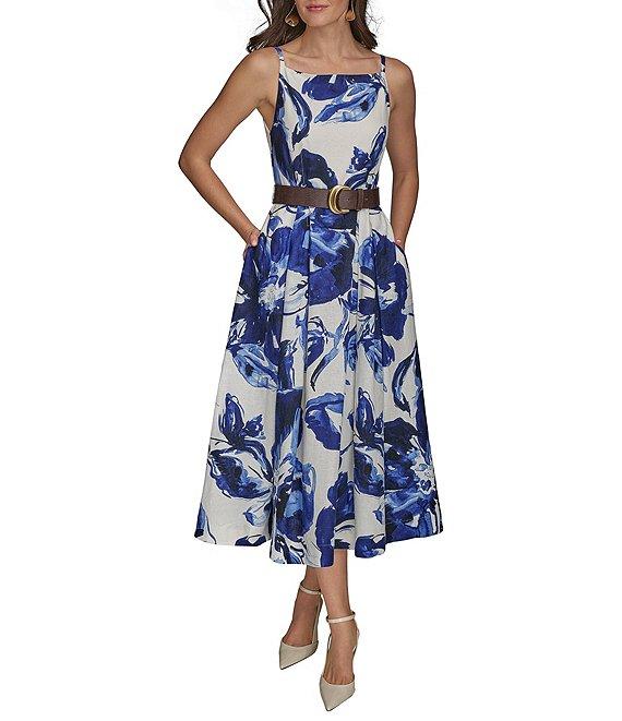 Donna Karan Floral Print A-Line Belted Midi Dress Product Image