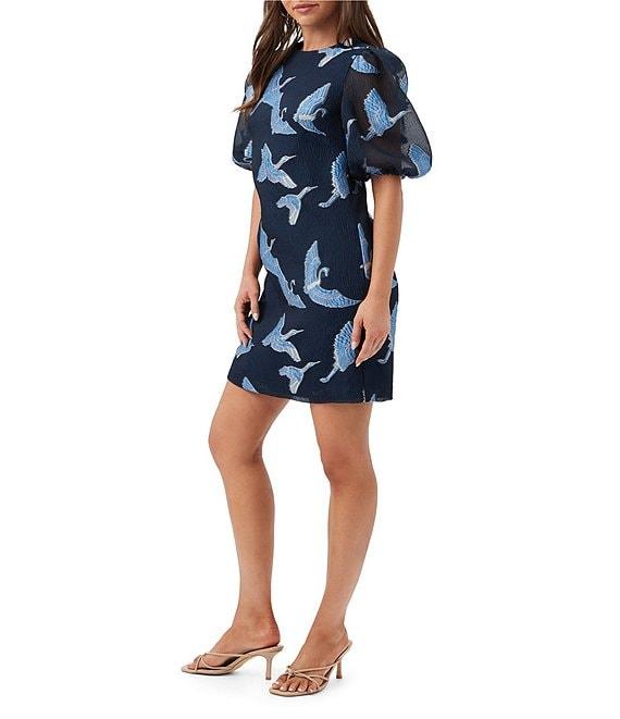 Trina Turk Ringo Fil Coupe Crane Print Round Neck Short Puff Sleeve Dress Product Image