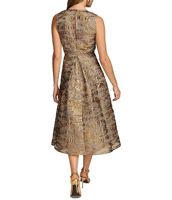 Donna Karan Brocade Crew Neck Sleeveless Metallic A-Line Midi Dress Product Image