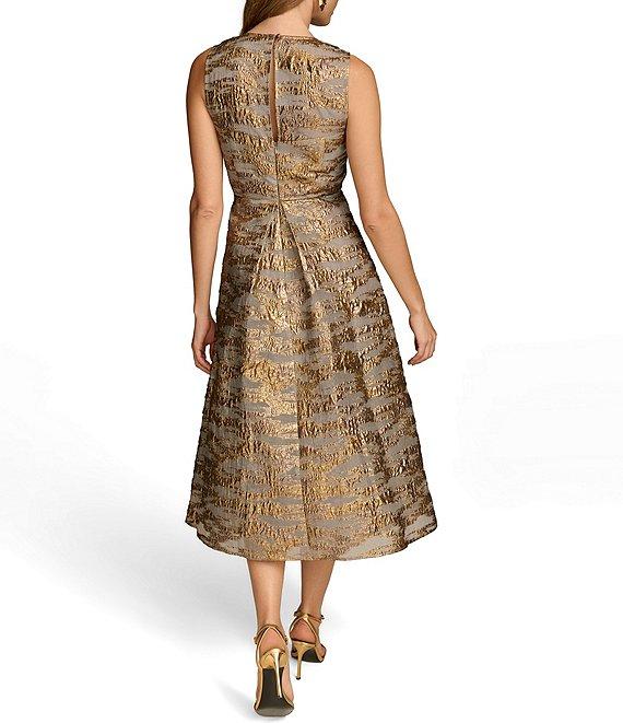 Donna Karan Brocade Crew Neck Sleeveless Metallic A-Line Midi Dress Product Image
