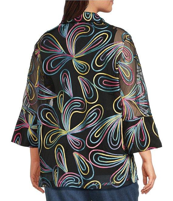 Ali Miles Plus Size Embroidered Paisley Print Knit Mesh Button Front Jacket Product Image