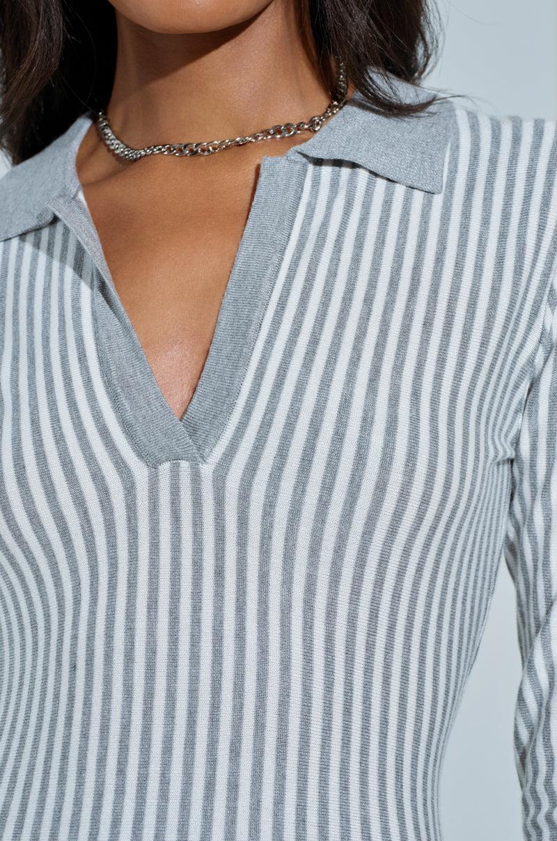 ALINA PLEATED KNIT FIT AND FLARE MINI DRESS WITH LONG SLEEVES IN GREY MULTI Product Image