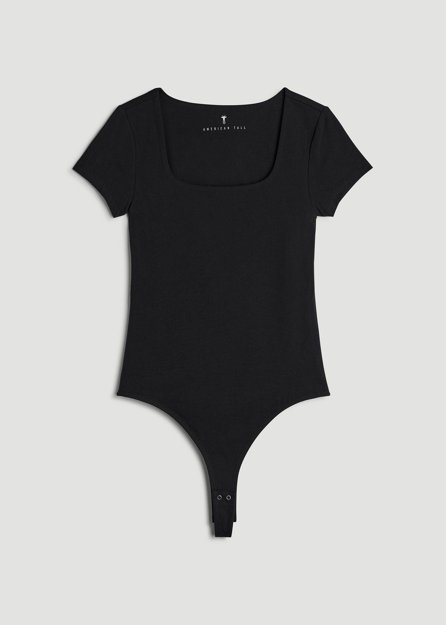 Cotton Blend Short Sleeve Square Neck Bodysuit for Tall Women in Black Female Product Image