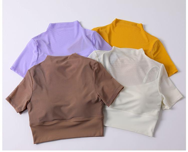 Short-Sleeve Mock Neck Plain Mesh Panel Cropped Sports T-Shirt Product Image