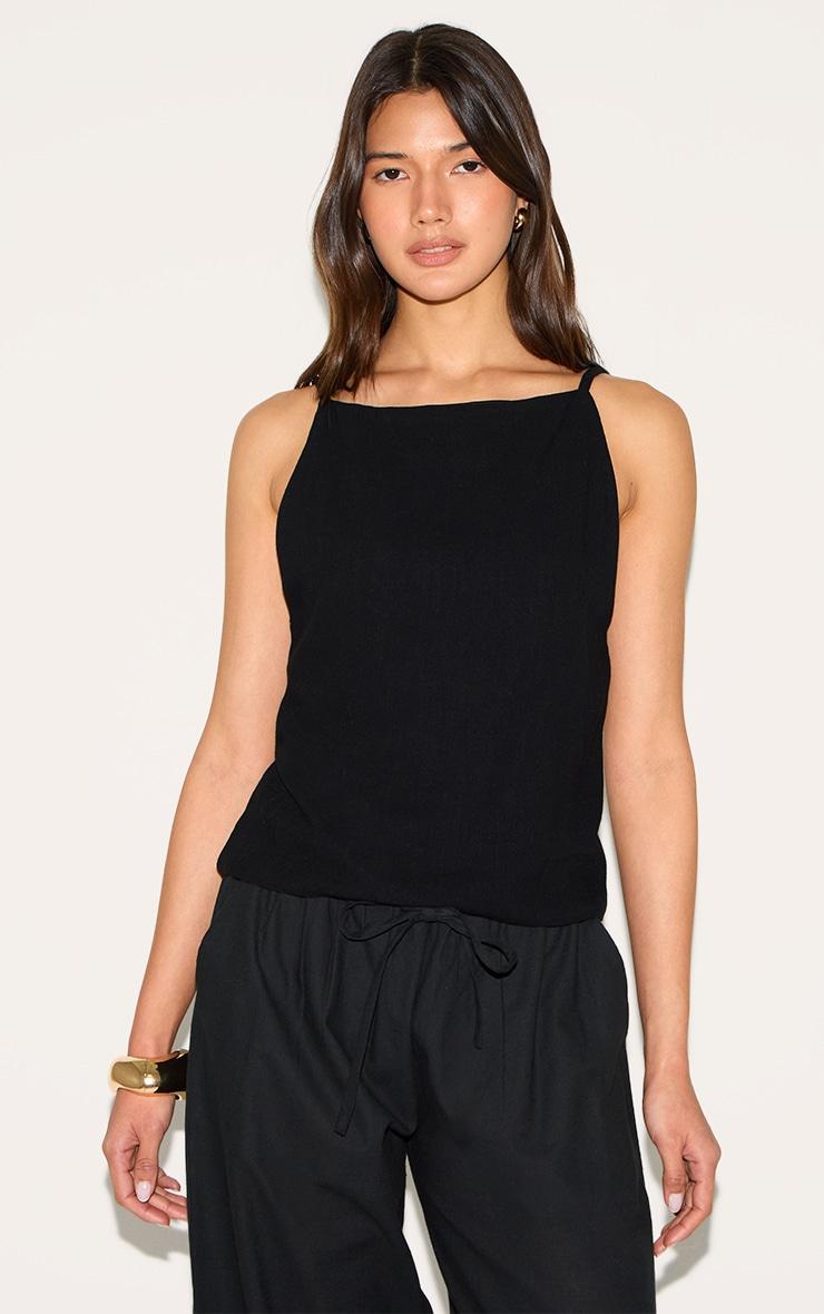 Black Linen Look Open Back Cami Top Product Image