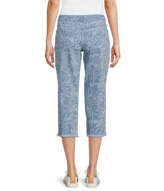 Intro Abstract Leaf Print Frayed Hem Pull-On Capri Denim Pants Product Image