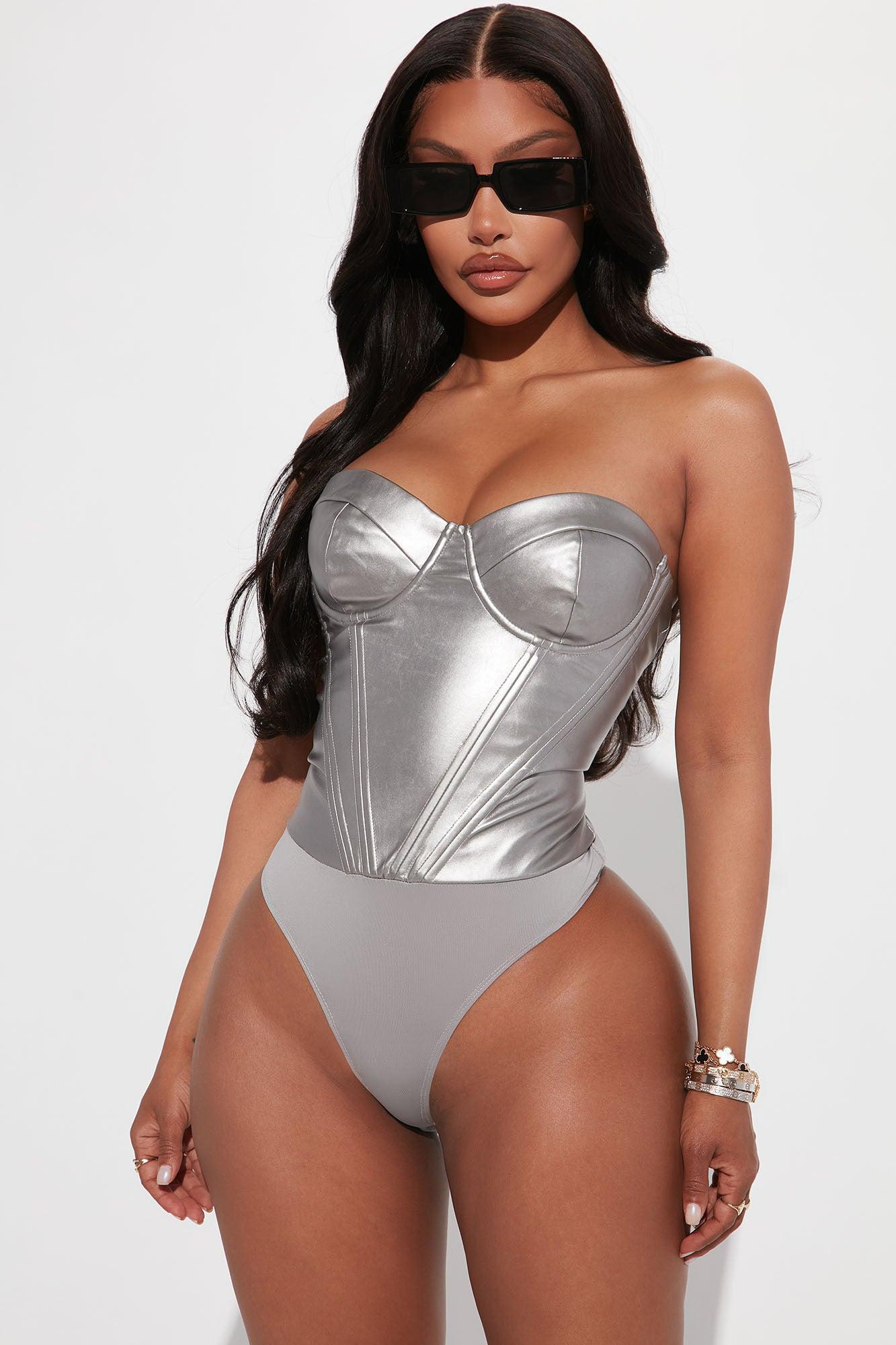 Valentina Metallic PU Corset Bodysuit - Silver Product Image