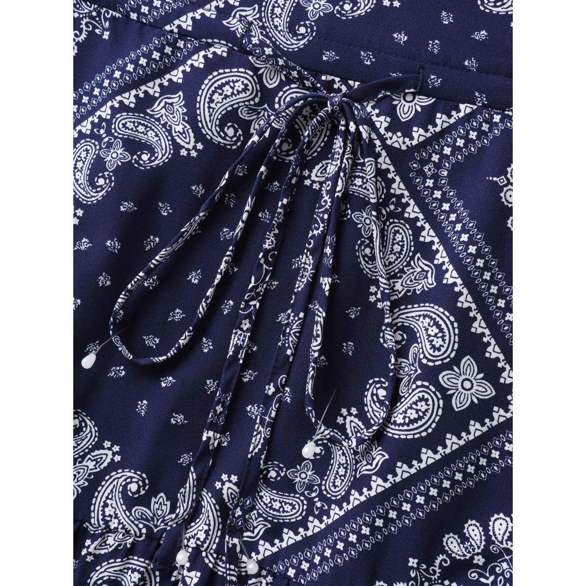 Plus Size Paisley Print Waist Drawstring Midi Dress Navy Women Boho Petal edge V-neck Short sleeve Curvy BloomChic 18-20/2X Product Image