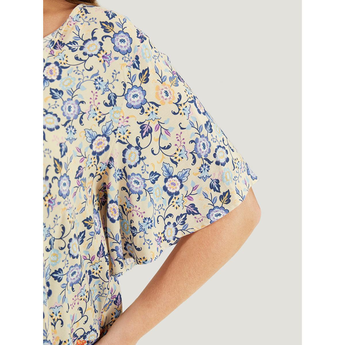 Plus Size Multicolor Bandana Printed Ties Front Ruffle Sleeve Blouse Women Vacation Short sleeve Tie Neck Dailywear Blouses BloomChic 10/M Product Image