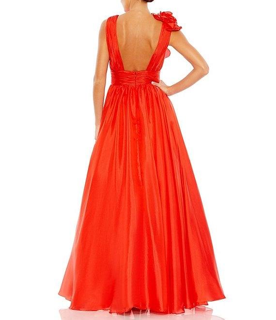 Mac Duggal Chiffon Deep V-Neck Sleeveless Ruffled Shoulder Ball Gown Product Image