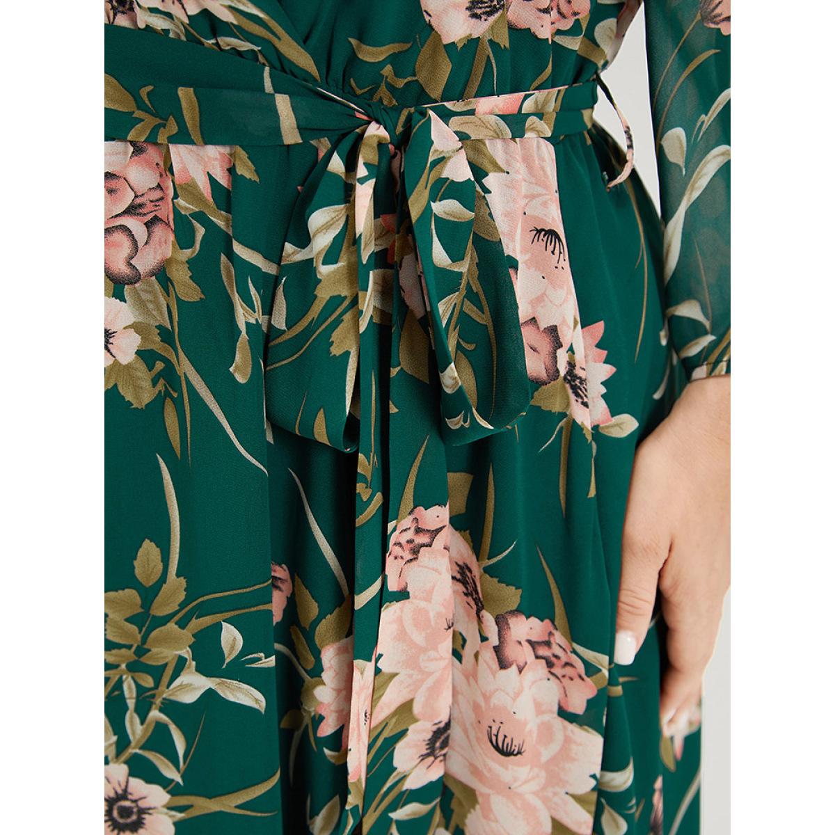 Plus Size Floral Print Surplice Neck Belted Dress DarkGreen Women Elegant Lined V-neck Elbow-length sleeve Curvy Midi Dress BloomChic 22-24/3X Product Image