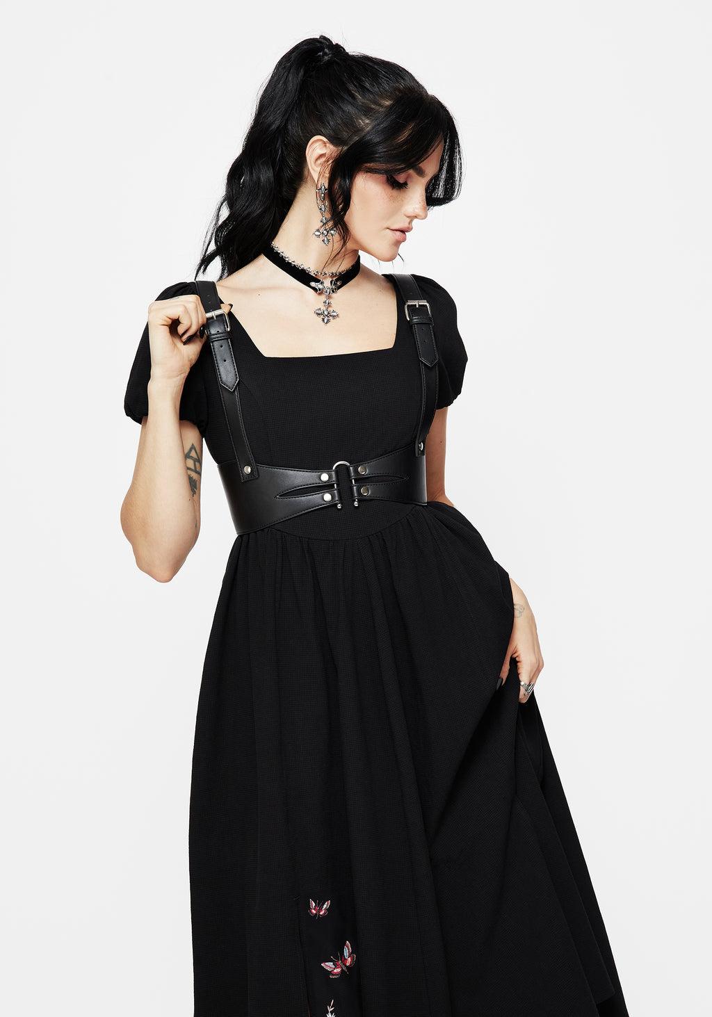 Copia Moth Embroidered Cotton Puff Sleeve Split Skirt Midi Dress Product Image