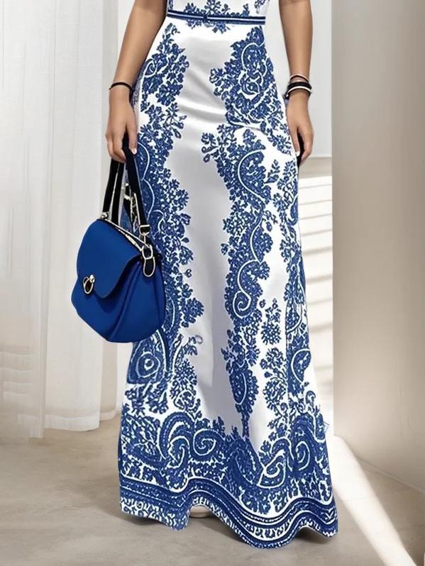 Bodycon High Waisted Flower Print Hollow Pockets Cold Shoulder Maxi Dresses Product Image