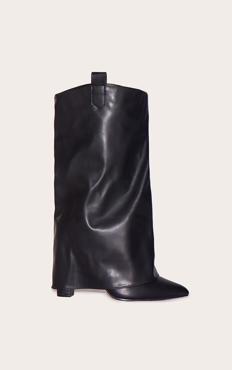 Black Wide Fit Pu Point Toe Fold Over High Heeled Calf High Boots Product Image