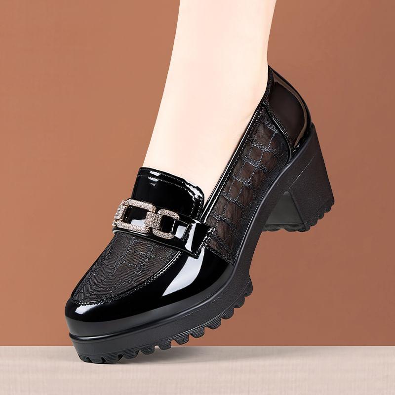 Platform Patent Leather Panel Mesh Block Heel Loafers Product Image
