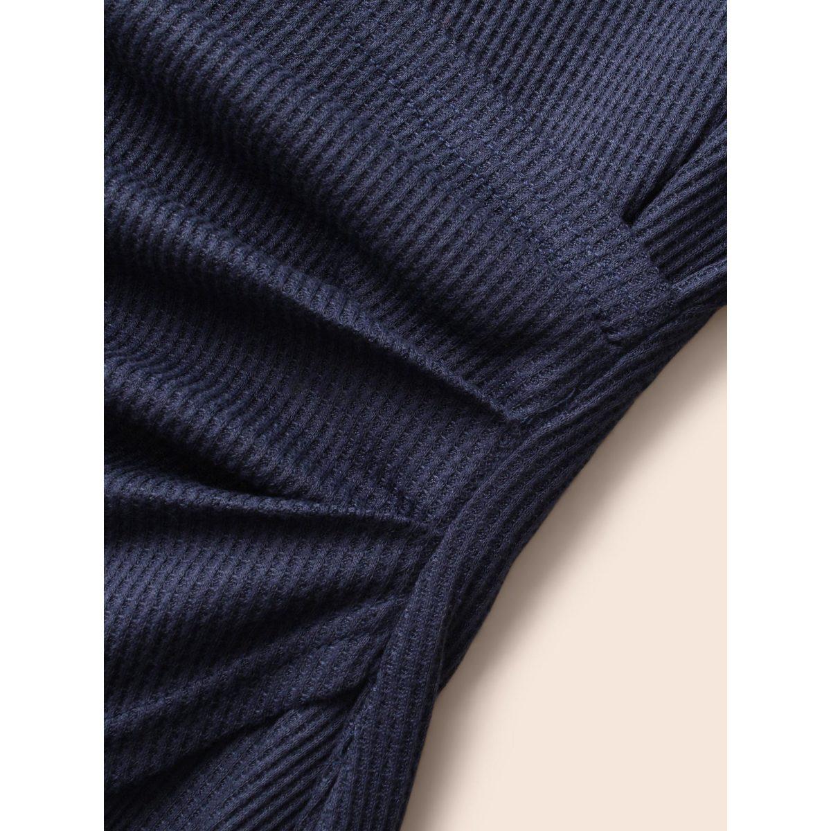 Plus Size Waffle Knit Patchwork Mesh Overlapping T-shirt Indigo Women Elegant Overlapping V-neck Bodycon Everyday T-shirts BloomChic 18-20/2X Product Image