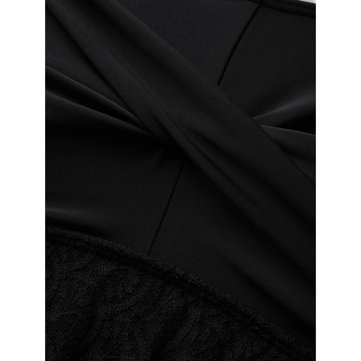 Plus Size Crochet Lace Mesh Twist Swim Dress Women's Swimwear Black Beach Bodycon Heart neckline High stretch Curve Swim Dresses BloomChic 10/M Product Image