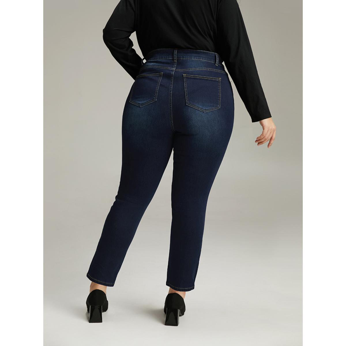Plus Size Plain Straight Leg Pocket High Rise Jeans Women DarkBlue Casual Plain Plain High stretch Pocket Jeans BloomChic 10/M Product Image