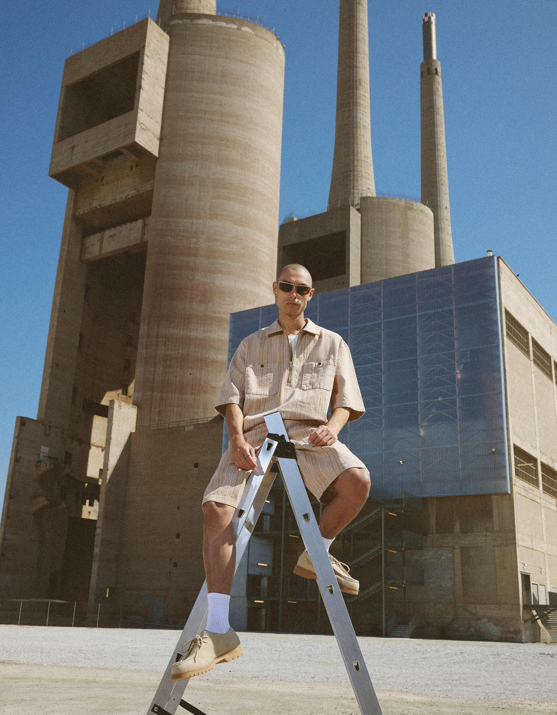 Striped short sleeve denim shirt Product Image