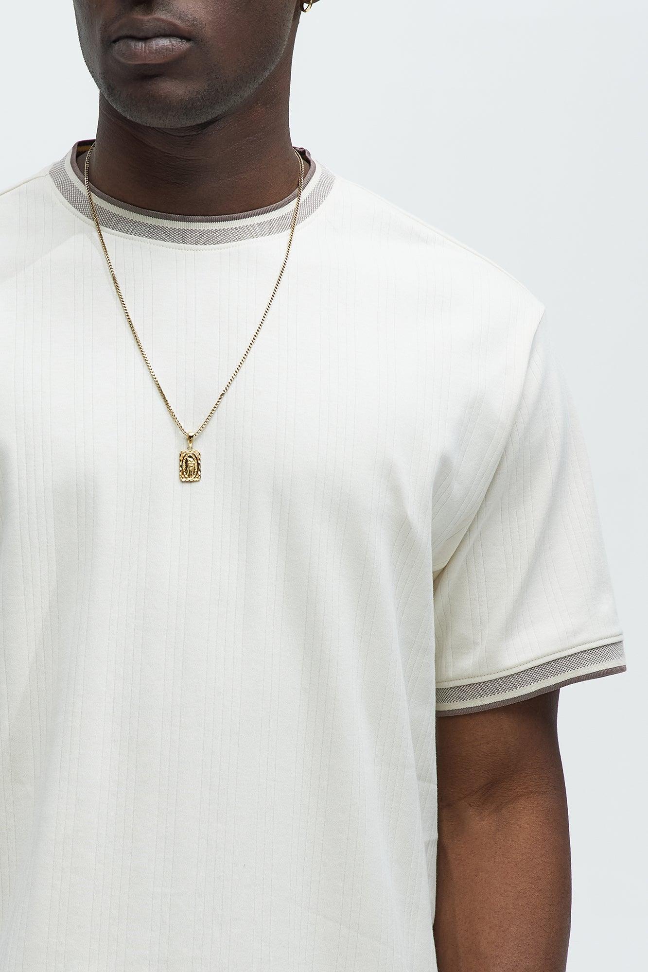 Textured Tipped Neckline Short Sleeve Tee - Cream Product Image
