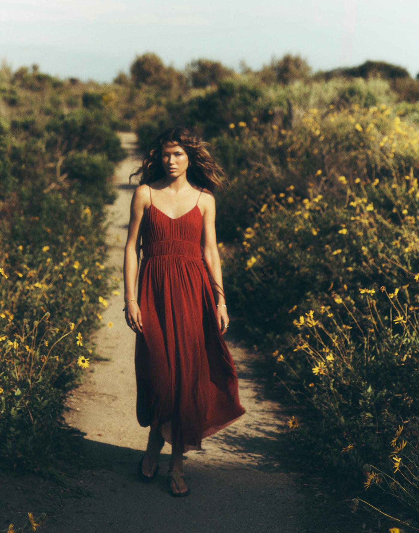 Gathered V-Neck Midi Dress Product Image