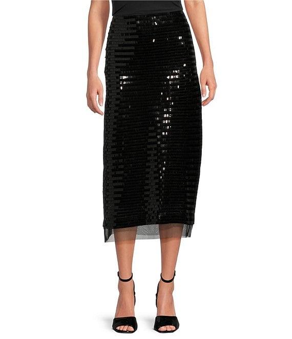 Le' AL.X Sequin Knit High Rise Sheath Slip Midi Sheer Hem Coordinating Skirt Product Image