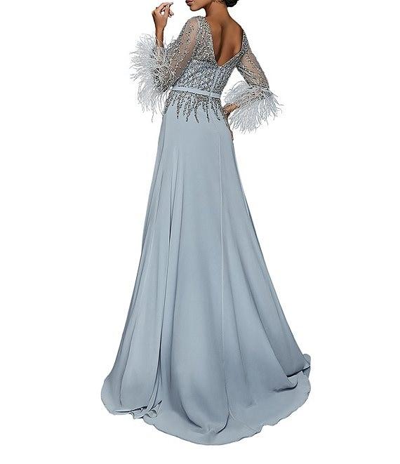 Terani Couture Cascade Beaded Boat Neck Feather Cuff Sleeve Belted A-Line Gown Product Image