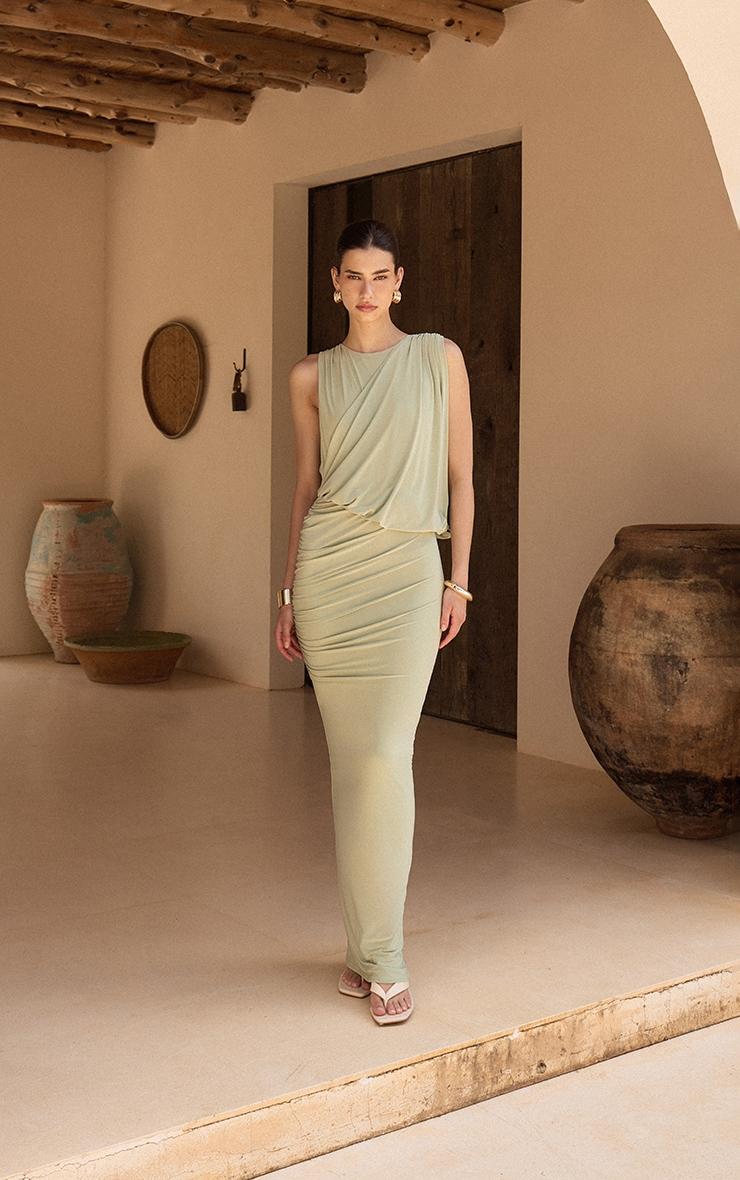 Mint Green Double Layer Slinky Drape Ruched Maxi Dress Product Image