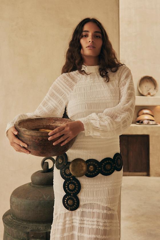 Exemplary Romance White Textured Backless Trumpet Hem Maxi Dress Product Image