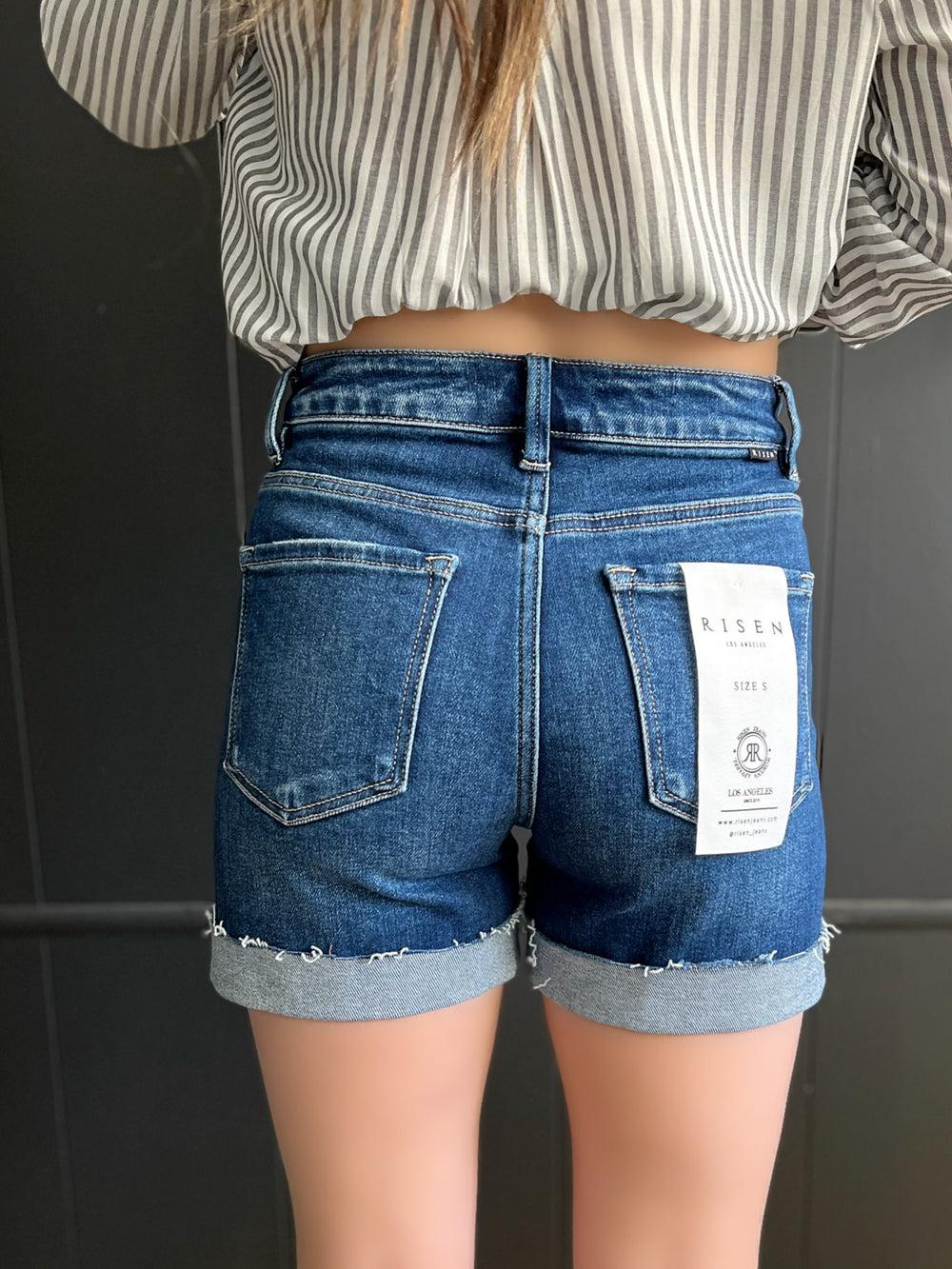 Risen Dark Wash High Rise Cuffed Denim Shorts Product Image