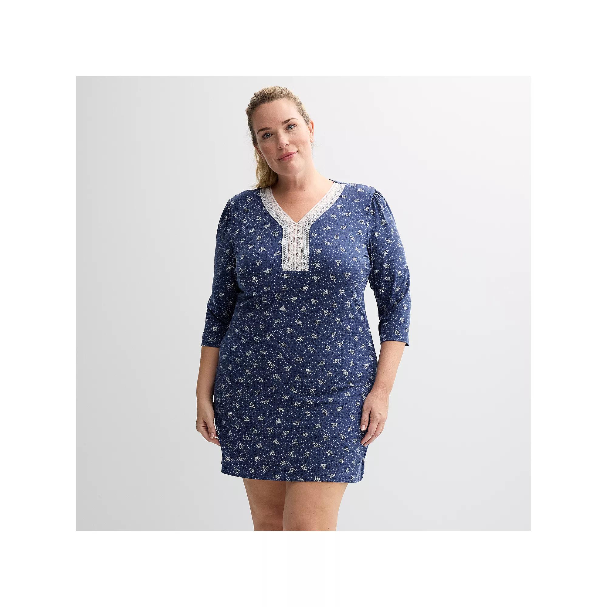 Plus Size Miss Elaine Essentials Micro Velvet Short Nightgown, Women's, Size: 3XL, Blue Floral Product Image