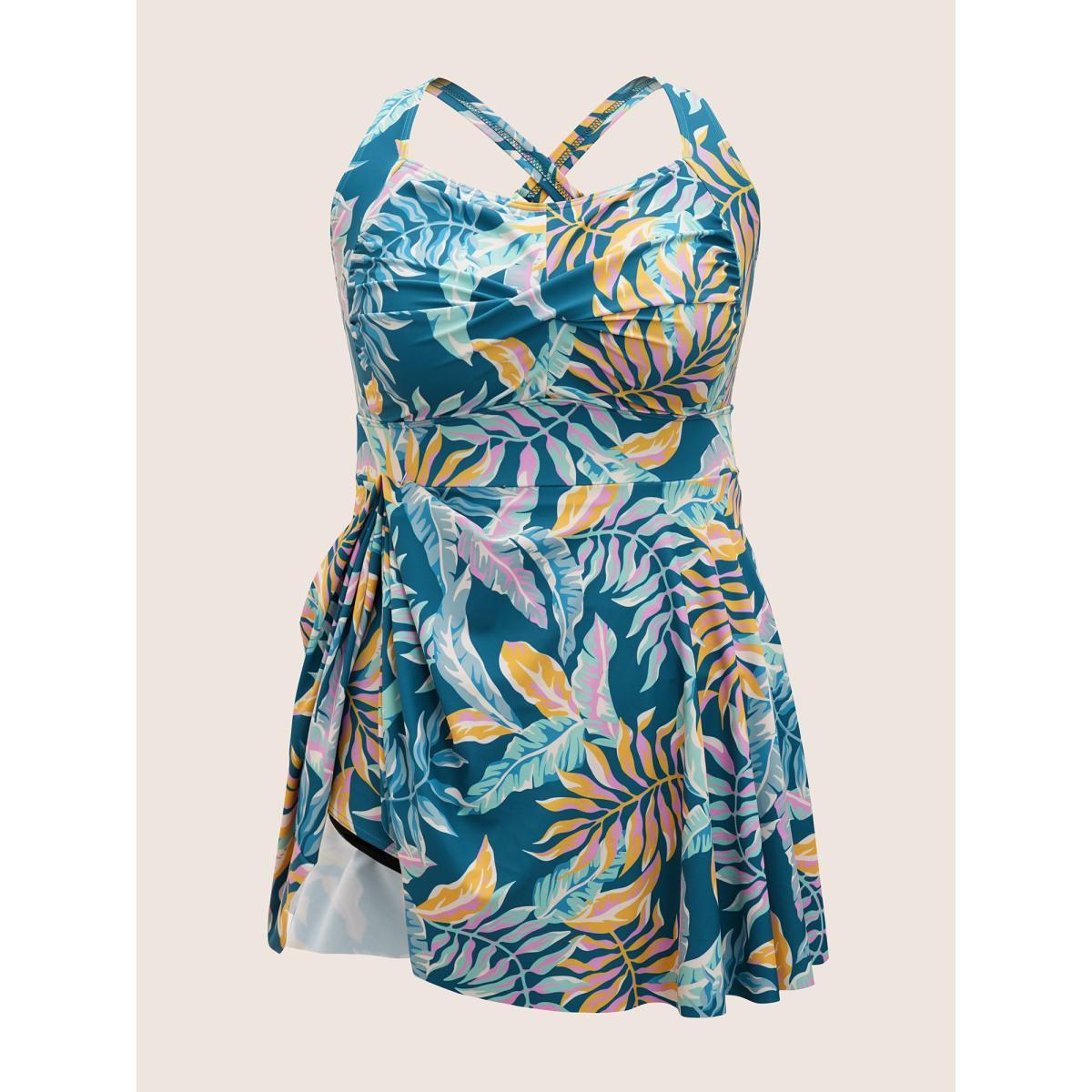 Plus Size Heart Neckline Tropical Print Twist Front Swim Dress Women's Swimwear Cyan Beach Bodycon Heart neckline High stretch Curve Swim Dresses BloomChic 14-16/1X Product Image