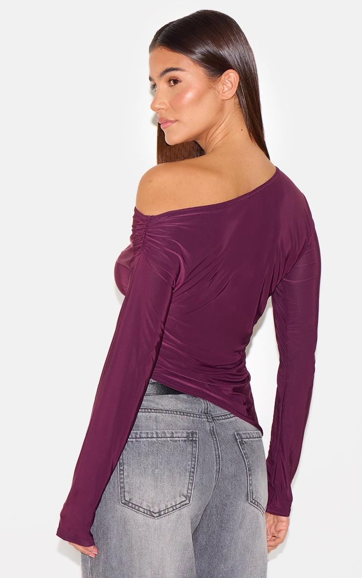 Plum Soft Touch Asymmetric Ruched Long Sleeve Top Product Image