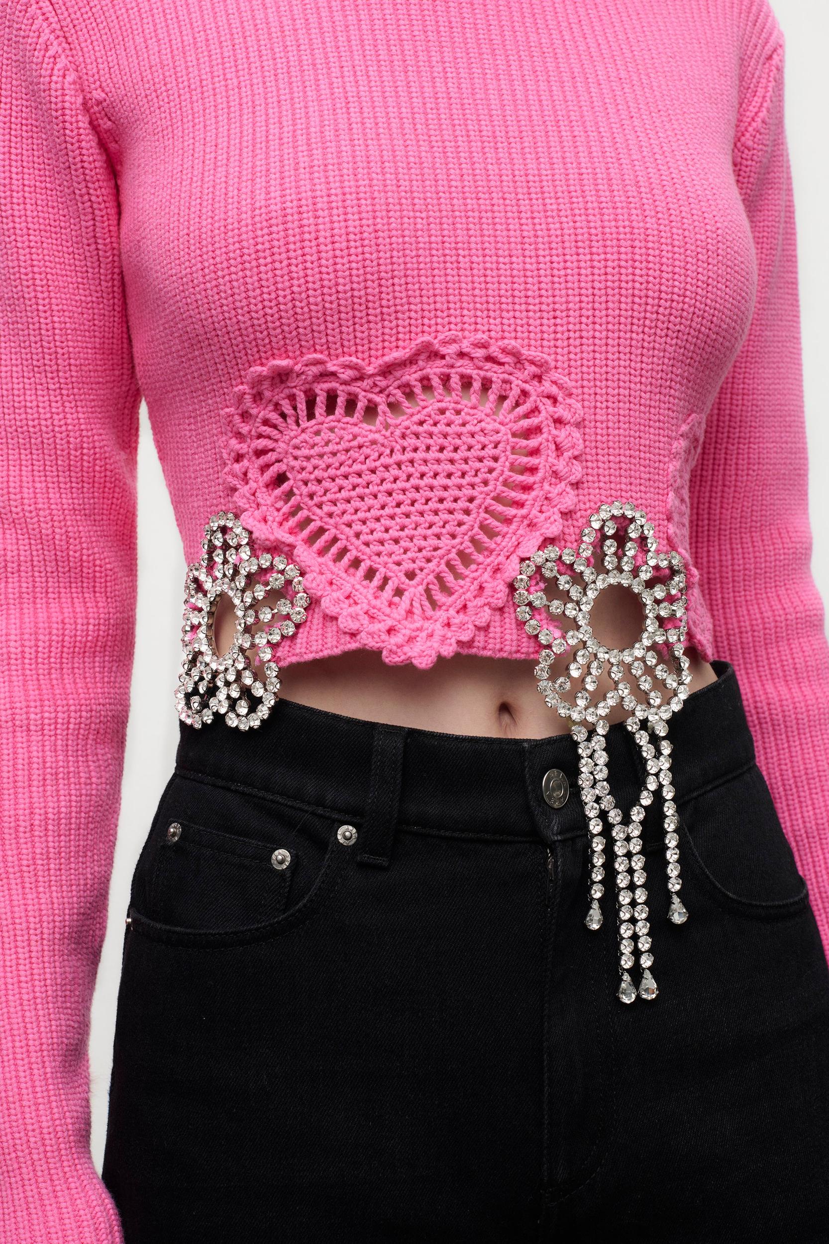 Crystal Crochet Flower Cropped Sweater Product Image