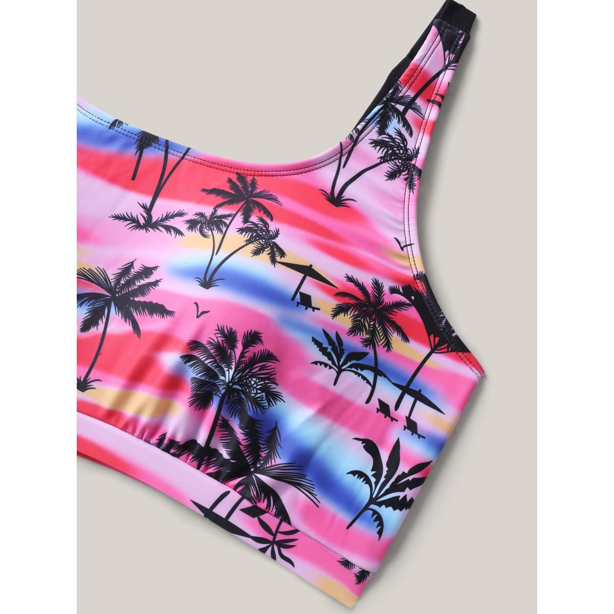 Plus Size Two-Piece Tropical Print Contrast Swim Top Women's Swimwear Black Resort Contrast High stretch Bodycon U-neck Curve Swim Tops BloomChic 18-20/2X Product Image