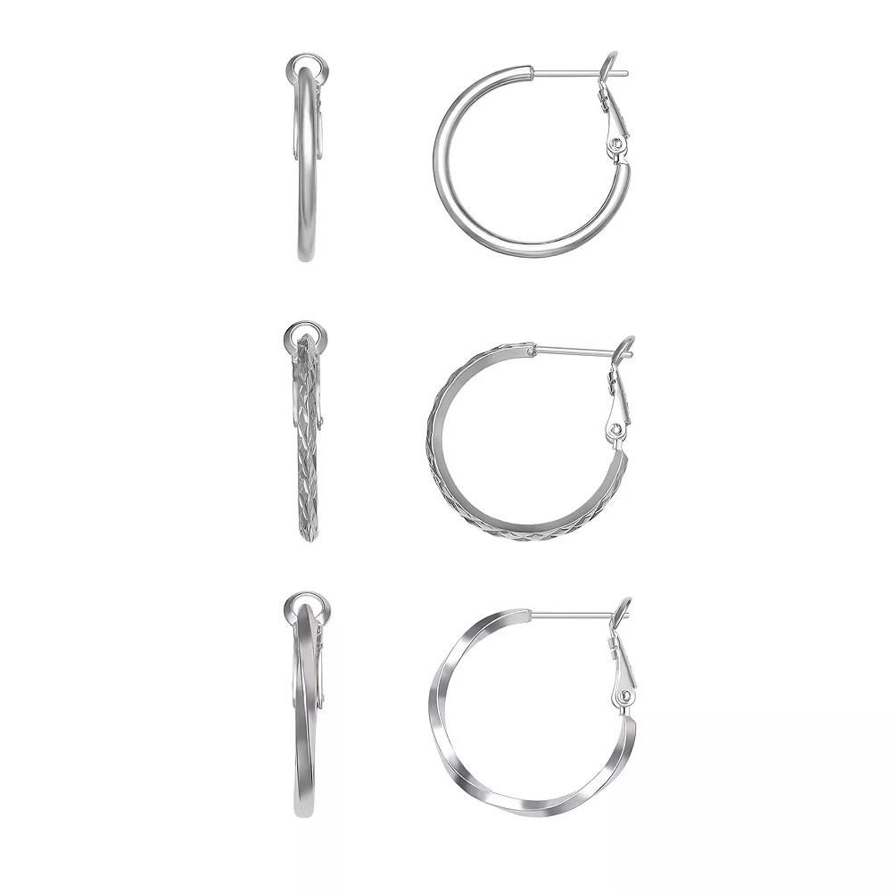 Aurielle Polished, Textured & Twisted Hoop Trio Earring Set, Women's, Silver Tone Product Image