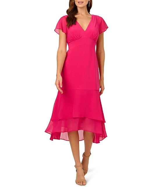 Adrianna Papell Chiffon Jersey V-Neck Short Sleeve High-Low Hem A-Line Midi Dress Product Image