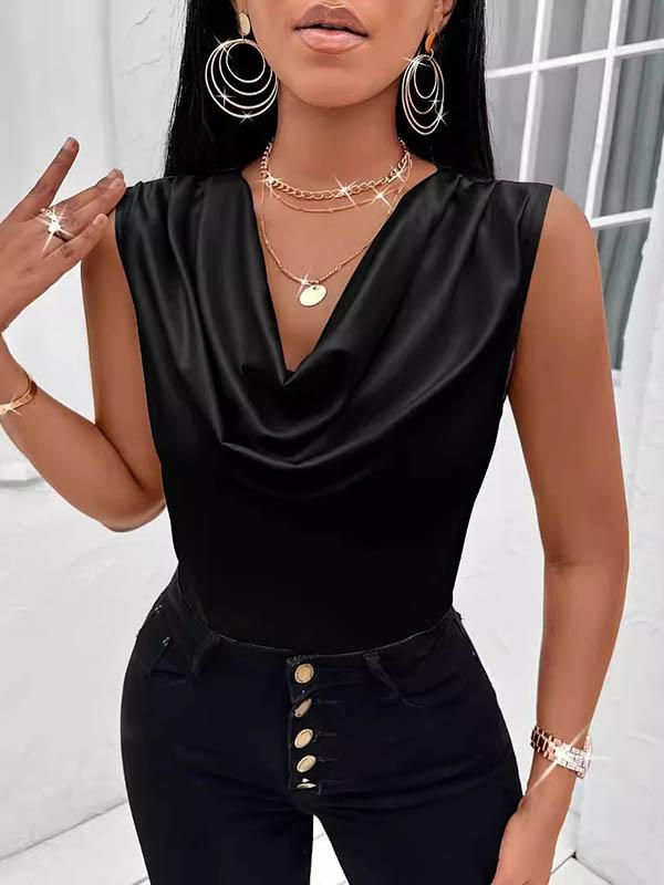 Loose Sleeveless Pleated Solid Color V-Neck Vest Top Product Image