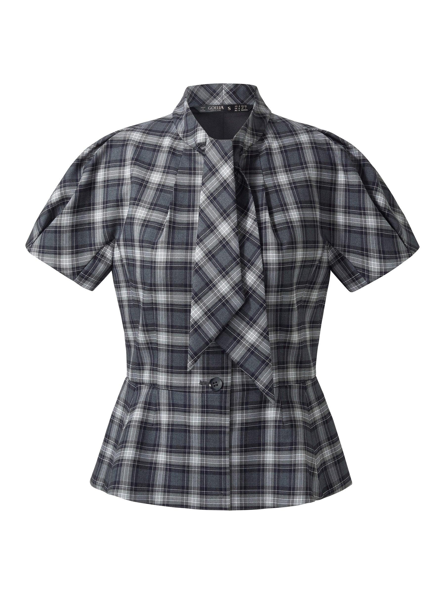 Plaid Ribbon Tie Women Flare Hem Top Product Image