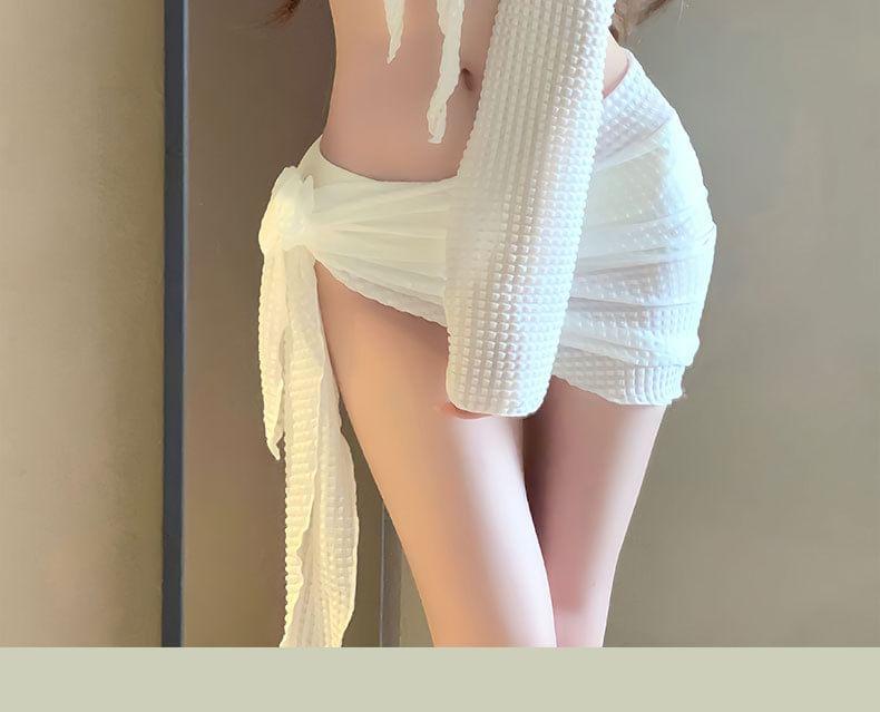 Set: Plain Cover-Up Jacket + Bikini Top + Bottom + Cover-Up Skirt Product Image