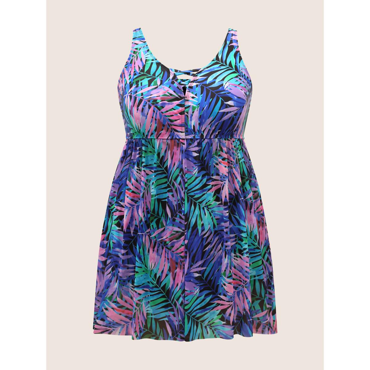 Plus Size Tropical Print Crisscross Split Hem Swim Dress Women's Swimwear Multicolor Beach Bodycon Heart neckline High stretch Curve Swim Dresses BloomChic 18-20/2X Product Image