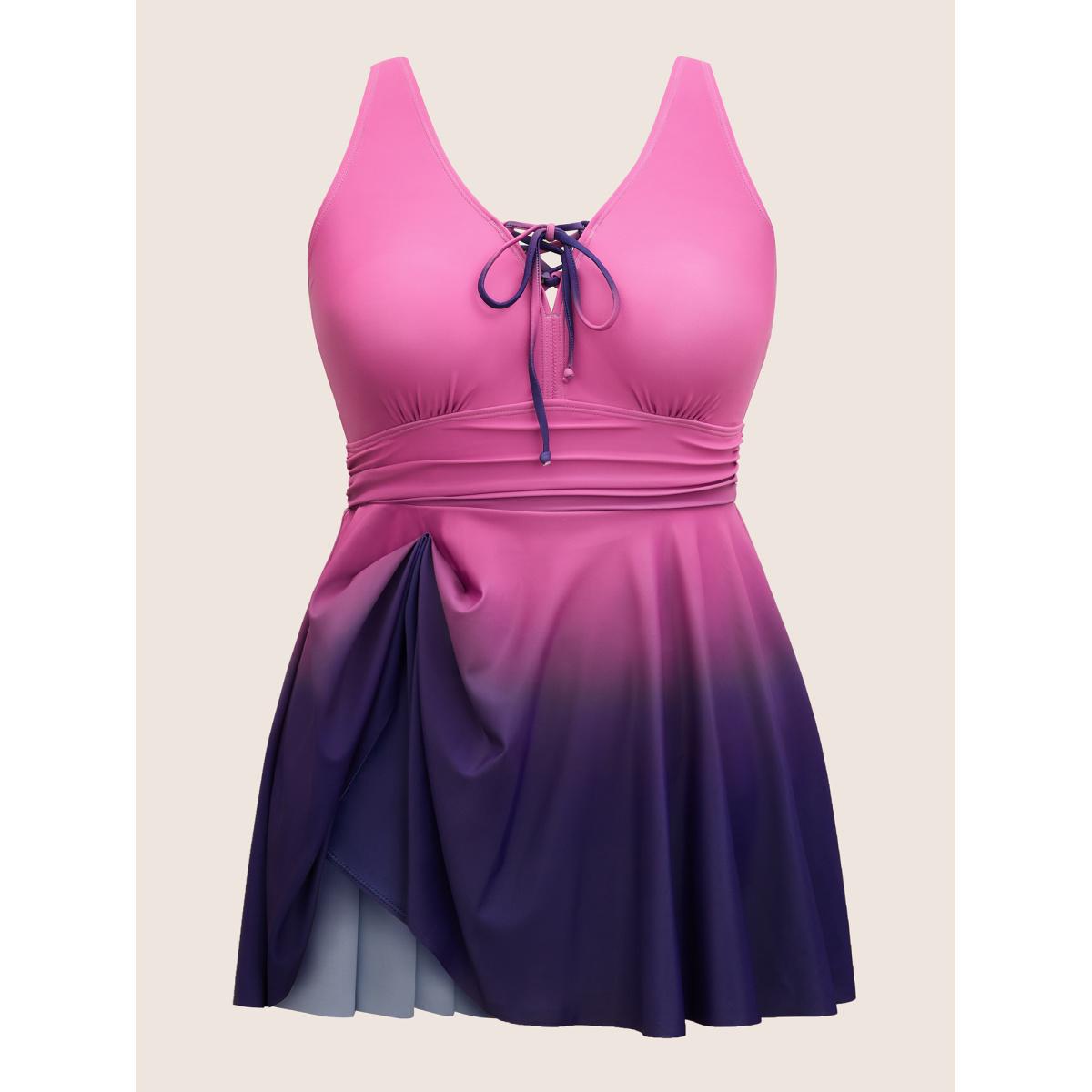 Plus Size Ombre Contrast Ruched Lace Up Swim Dress Women's Swimwear RedViolet Beach Bodycon V-neck High stretch Curve Swim Dresses BloomChic 18-20/2X Product Image