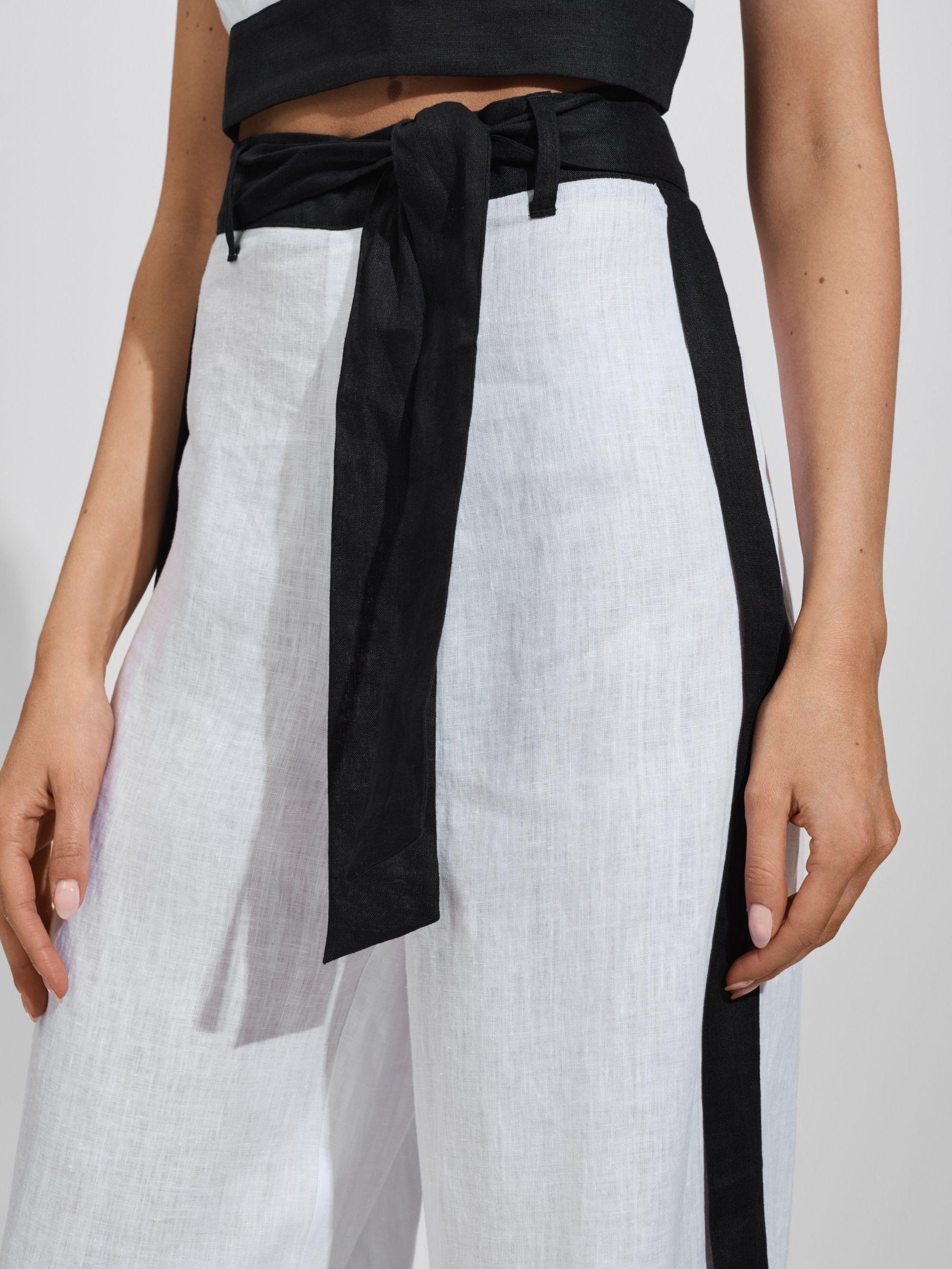Linen Side Split Trousers in White/Navy Product Image