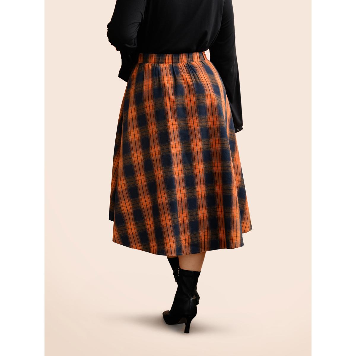 Plus Size Plaid Waist Tie A-Line Skirt Women Brightorange Elegant Tie knot No stretch Slanted pocket Belt Everyday Skirts BloomChic 12/L Product Image