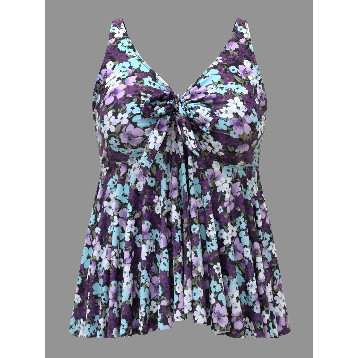Plus Size Ditsy Floral Ties Adjustable Ruched Swim Top Women's Swimwear Eggplant Resort Tie knot High stretch Bodycon V-neck Curve Swim Tops BloomChic 26/4X Product Image