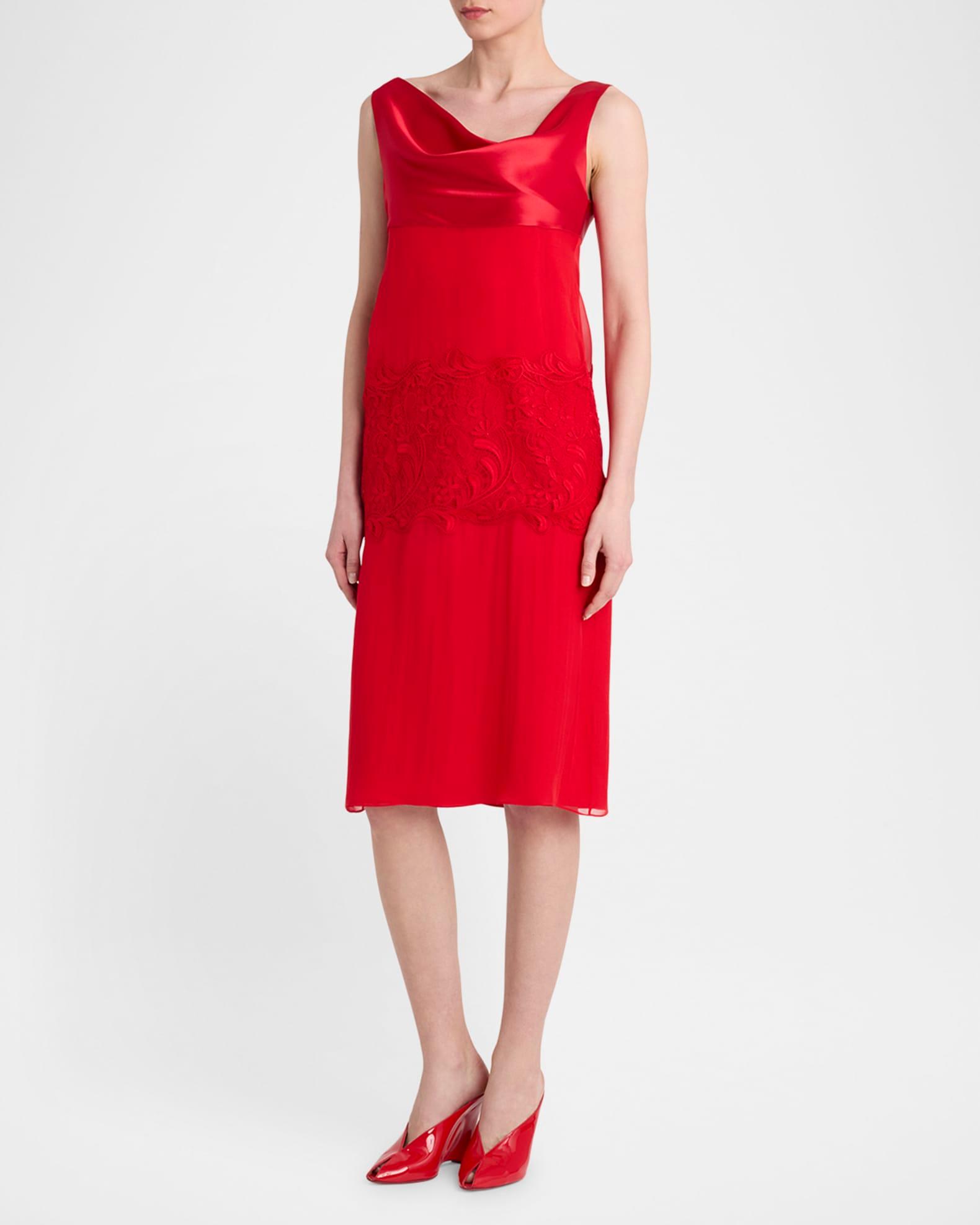 lace-Panel Silk Chiffon Midi Dress Product Image