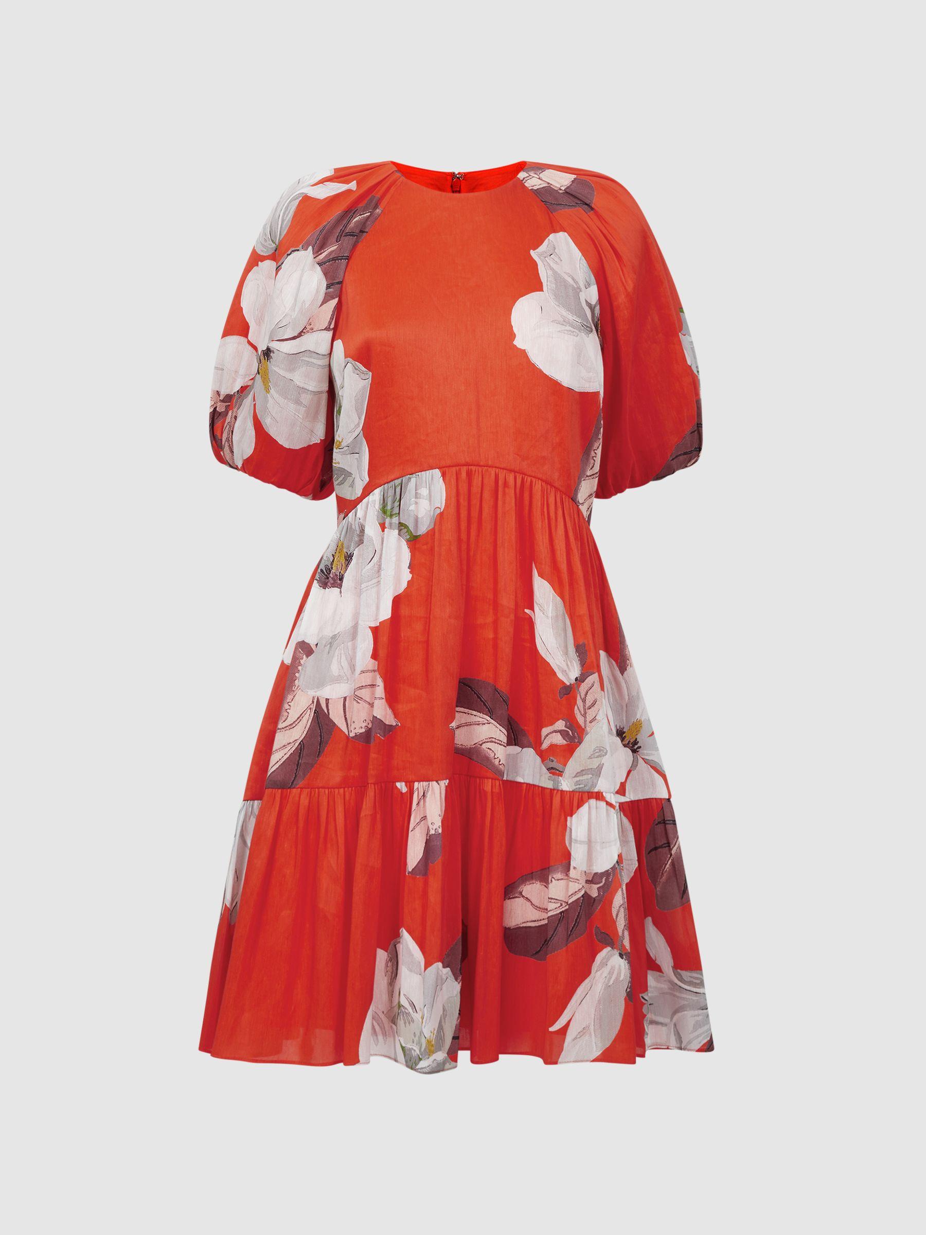 Florere Linen Silk Puff Sleeve Mini Dress in Orange Product Image