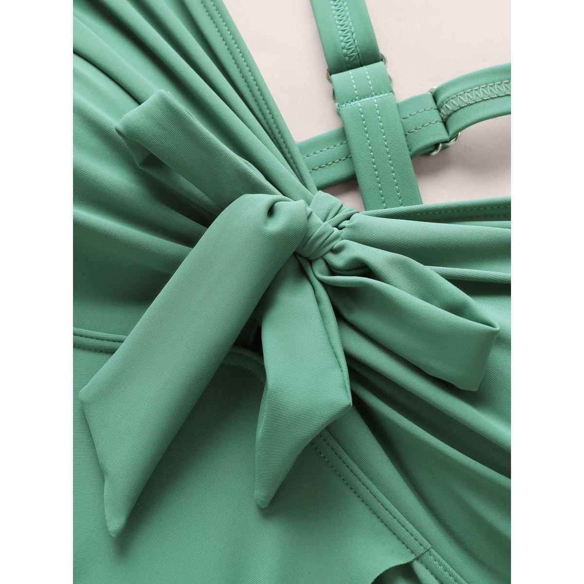 Plus Size Plain Knotted Gathered Slit Front Swim Top Women's Swimwear Palemauve Beach Gathered High stretch Bodycon Heart neckline Curve Swim Tops BloomChic 12/L Product Image